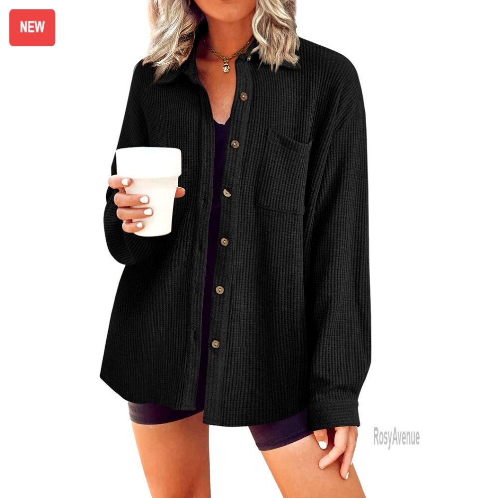 Lightweight Waffle Knit Button Down Shirt Long Sleeve V Neck Pocket